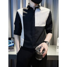 批发衬衫】拼接發財衬衣男短袖休闲冰丝上衣服男士夏季翻领五分袖寸衫