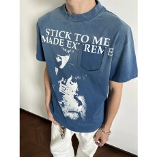 纯棉水洗印花夏季招财做旧口袋字母短袖T恤男女潮牌半袖上衣潮