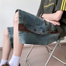 牛仔短裤美式玩裤夏新款高街水洗做旧设计感拼接休闲五分裤子男