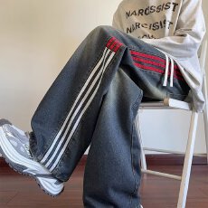 批发复古加州牛仔<b class='q'>牛仔裤</b>男款水洗拼接直筒裤美式高街潮牌宽松阔腿裤子