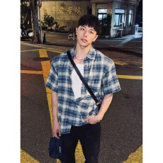 钢纽衬衫夏季美邦撞色格子polo领短袖男女宽松格纹衬衣外搭潮