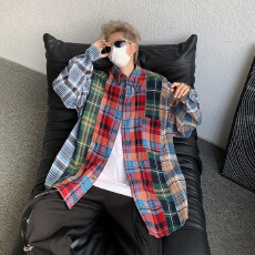 拼接衬衫2026年黑衣春季宽松撞色拼接格子宽松休闲长袖衬衣外套