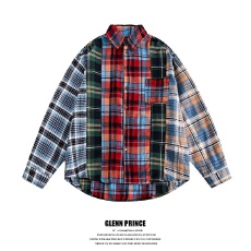 拼接衬衫2026年黑衣春季宽松撞色拼接格子宽松休闲长袖衬衣外套