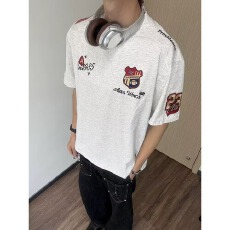 纯棉刺绣美式厚力高街徽章男女纯棉体恤宽松休闲百搭潮牌上衣