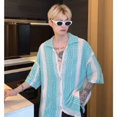 批发【针织镂空慵懒风魔方开衫男撞色条纹宽松短袖丝光棉冰丝工装