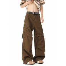 批发【原版纯棉半松紧裤头复古大弟工装裤男多口袋高街阔腿垂感休闲裤