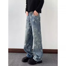 批发提花牛仔】美式易置富复古裤子男春<b class='q'>秋</b>设计高街vibe窄版直筒微喇裤