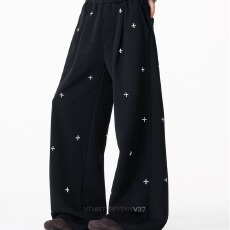 批发华棉印花卫裤】十字十八满印休闲裤<b class='q'>春</b>秋季直筒阔腿宽松运动卫裤子