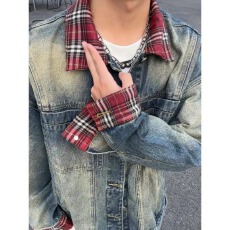 批发假两件国<b class='q'>潮</b>拼接牛仔外套男款春秋复古翻领夹克高级感痞帅工装褂子