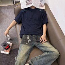 批发太空棉绿松石】2026前卫夏季金属珠肩线垫肩短袖简约时尚t恤上衣