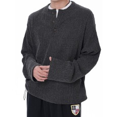 批发条皱亨利】<b class='q'>男士</b>前言日记长袖T恤褶皱肌理两侧抽绳树枝纹打底<b class='q'>上衣</b>