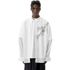 加厚冰丝印花竹子潮协会长袖衬衫男新中式男装春秋季衬衣唐装