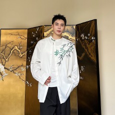 加厚冰丝印花新中式潮协会盘扣衬衫油画翠竹立领长袖衬衣男女潮