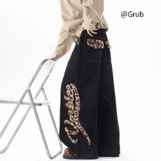 松紧腰带字母新风格豹纹牛仔裤男女春夏弯刀长裤hiphop阔腿裤子