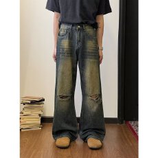 水洗做旧牛仔复古鑫荣小众破洞宽松直筒阔腿牛仔裤男春夏长裤潮