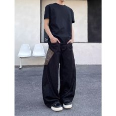 蟒纹蛇皮拼接牛仔裤子男鑫荣春夏弯刀阔腿裤高街百搭休闲裤子潮