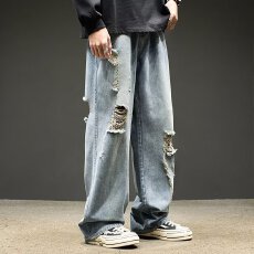 破洞牛仔美式鑫荣裤子男女春夏潮牌宽松B直筒阔腿长裤子拖地裤