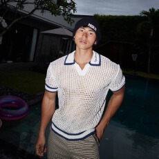 批发冰丝针织镂空刺绣】夏季魔方男t恤短袖打底衫修身半袖polo线衫薄