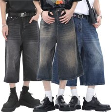 批发美式森野高街<b class='q'>嘻哈</b>七分牛仔裤男宽松穿搭超阔腿牛仔裤小众设计中裤