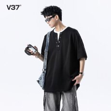 批发【假两件<b class='q'>T</b><b class='q'>恤</b>潮牌揭潮坊短袖男夏季美式设计感V领<b class='q'>T</b><b class='q'>恤</b>vibe半袖衫