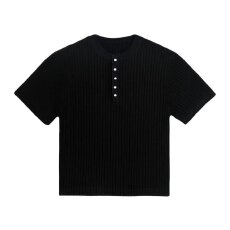 坑条亨利领短袖日系魔方复古纯色t恤男休闲通勤宽松男士打底衫