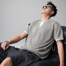 假两件针织毛衣T恤短袖揭潮坊日系复古纯色男休闲通勤宽松