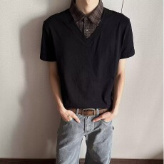 批发曼巴棉原版高品质】假两件简皓翻领短袖<b class='q'>T</b><b class='q'>恤</b>男衬衫领POLO衫上衣夏