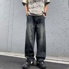 批发美式东方拼接牛仔裤男春夏潮牌vibe宽松阔腿裤休闲裤痞帅直筒裤子