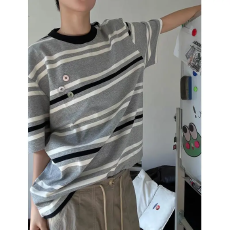 高品质潮宝圆领条纹短袖T恤男夏季新款休闲宽松半袖套头上衣情侣