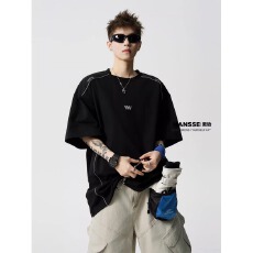 原版220g纯棉反光条T恤圆领短袖T恤男夏季宽松半袖套头上衣情侣