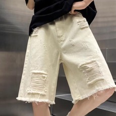 原版质量牛仔极潮帮五分裤男直筒宽松夏季破洞中裤薄款高腰短裤