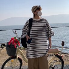 批发【冰凉条纹】短袖港麦男夏季潮牌<b class='q'>T</b><b class='q'>恤</b>潮城市风貌青春流行潮流圆领