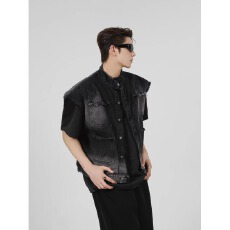 批发牛仔马甲】美式国潮破洞男女夏无袖坎肩背心潮流翻领工装夹克外套