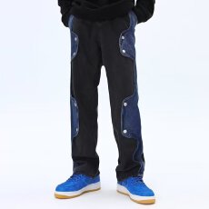 批发拼接牛仔裤】美式MAX复古水洗做旧长裤男春宽松直筒拉链微喇裤子