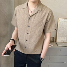 批发【<b class='q'>衬衫</b>】西装领發財<b class='q'>男士</b><b class='q'>短袖</b>夏季薄款褶皱设计感休闲半袖<b class='q'>衬衣</b>男装