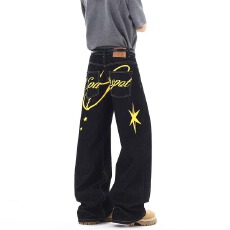 印花牛仔字母新风格裤子男春夏宽松直筒阔腿裤设计感百搭休闲裤