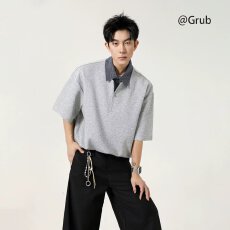 批发夏季前卫复古慵懒风撞色格纹翻领POLO衫男女装假两件拉链宽松上衣