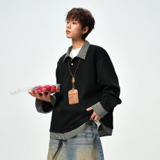 批发老钱风揭潮坊格子假两件拼接翻领卫衣男款复古宽松百搭POLO衫上衣