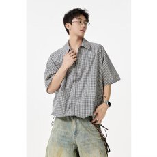 批发2026揭潮坊夏季青少年格纹短袖衬衫美式高街潮牌五分袖T恤男时尚