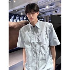 批发【小牛津垫肩拉链衬衫】男短袖衣锐<b class='q'>春</b>夏工装衬衣设计感五分袖上衣
