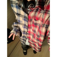 批发原版含棉】休闲黑衣宽松春<b class='q'>秋</b>拼接撞色格子毛边长袖格纹衬衫衬衣男