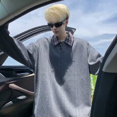 批发原版面料320克】短款揭潮方格纹半开领纽扣无帽卫衣男女春秋上衣