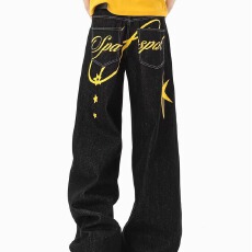 批发美式新概念反穿刺绣弯刀牛仔裤男春高腰设计宽松直筒阔腿休闲<b class='q'>裤子</b>