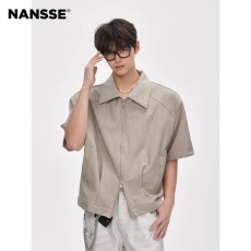 批发有肩垫】双拉链淘倩短袖<b class='q'>衬衫</b>夹克男夏季美式潮牌简约宽松短款<b class='q'>衬衣</b>