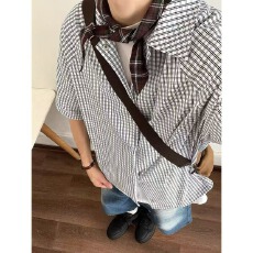 批发美式复古格纹短袖衬衫男女夏季宽松休闲<b class='q'>格子</b>衬衣日系百搭半袖上衣