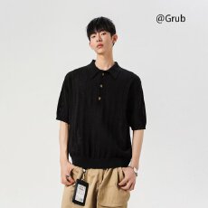 批发日系魔王小众镂空针织短袖polo衫<b class='q'>男</b>款夏季休闲宽松半袖体恤上衣服