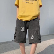 批发破洞玩裤牛仔短裤男夏季潮牌工装<b class='q'>裤子</b>宽松五分裤设计感小众大裤衩