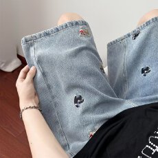 刺绣五分裤牛仔短裤男酷森野夏季薄款宽松直筒水洗中裤情侣裤子