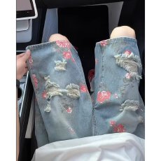 批发印花牛仔裤】2026酷森野春夏印花牛仔微喇裤显瘦修身高腰喇叭<b class='q'>裤子</b>