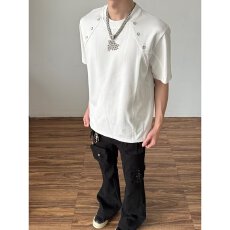 太空棉 金属扣解构设计前卫t恤男夏季高级感垫肩短袖重磅半袖